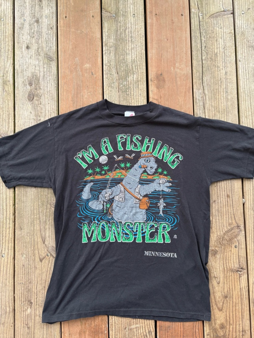 Vintage 1980s “I’m A Fishing Monster” Godzilla Style T Shirt Men’s Medium Fit